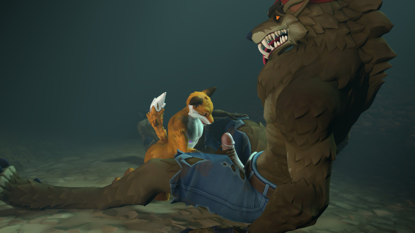 16:9 3d_(artwork) 3d_background anthro butt canid canine canis clothed clothing digital_media_(artwork) dire_(fortnite) duo epic_games erection fennix_(fortnite) fortnite fox fur genitals hi_res male male/male mammal nude open_mouth orange_body orange_fur orangeflyingfox penis simple_background size_difference video_games were werecanid werecanine werewolf white_body white_fur widescreen wolf