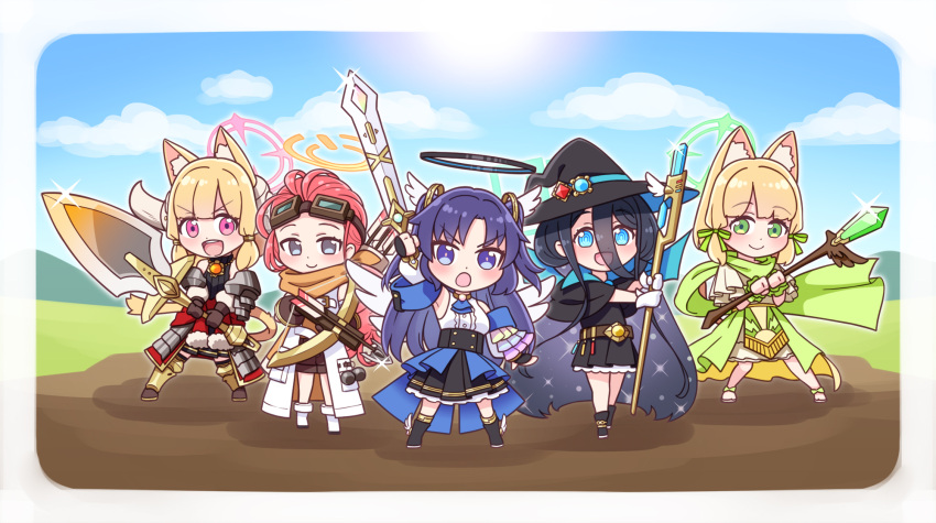 5girls :d :o animal_ear_fluff animal_ears aris_(blue_archive) armored_boots arrow_(projectile) bangs bare_shoulders black_capelet black_dress black_footwear black_gloves black_hair black_headwear black_skirt blonde_hair blue_archive blue_eyes blue_sky boots breasts brown_shorts capelet chibi closed_mouth cloud coat commentary_request crossbow day detached_sleeves dress fingerless_gloves gem glint gloves goggles goggles_on_head green_eyes green_ribbon grey_eyes hair_between_eyes hair_ribbon halo harada_(sansei_rain) hat highres holding holding_crossbow holding_staff holding_sword holding_weapon kemonomimi_mode long_hair long_sleeves medium_breasts midori_(blue_archive) momoi_(blue_archive) multiple_girls outdoors pink_eyes pleated_dress pleated_skirt puffy_long_sleeves puffy_sleeves purple_eyes purple_hair quiver red_hair ribbon ringed_eyes shirt shoes short_shorts shorts siblings sidelocks sisters skirt sky sleeveless sleeveless_shirt smile staff sword twins two_side_up v-shaped_eyebrows very_long_hair weapon weapon_request white_coat white_footwear white_shirt white_sleeves witch_hat yuuka_(blue_archive) yuzu_(blue_archive)