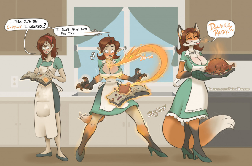 anthro apron beingobscene big_breasts breast_expansion breasts brown_hair canid canine claws cleavage clothed clothing cookbook dipstick_tail english_text expansion eyes_closed female food footwear fox fully_clothed fur growth hair handwear high_heels human human_to_anthro inside kitchen lips mammal markings mature_female meat orange_body orange_fur oven_mitts smile solo species_transformation tail_growth tail_markings text transformation transformation_sequence turkey_meat whiskers