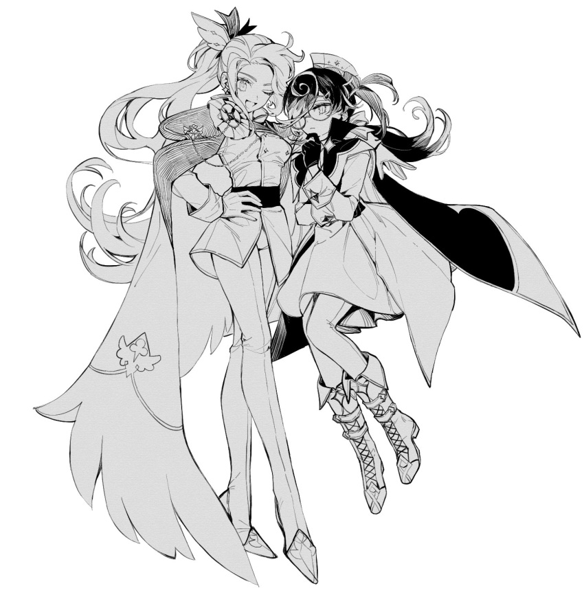 2girls ;d arm_around_shoulder boots buttons cape closed_mouth collared_cape commentary cookie_run cummerbund diamond_button double-breasted dress earrings espresso_cookie full_body genderswap genderswap_(mtf) gloves greyscale hair_over_one_eye hair_ribbon hand_on_hip hand_on_own_arm hand_on_own_chin hat hat_feather highres humanization jacket jewelry lapel_pin long_hair long_sleeves looking_at_viewer low_ponytail madeleine_cookie monochrome multicolored_hair multiple_girls official_alternate_costume one_eye_closed pants ponytail ribbon round_eyewear simple_background sleeve_cuffs slit_pupils smile sparkle_earrings streaked_hair symbol-only_commentary tuko white_background wing_hair_ornament