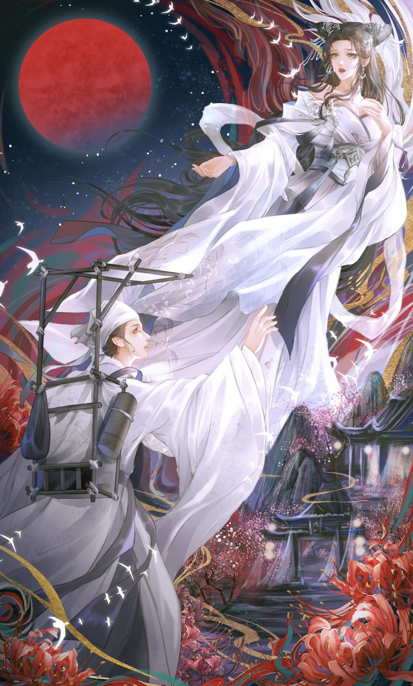 1boy 1girl absurdres backpack bag bandana bare_shoulders black_hair chinese_clothes dress floating flower flying full_moon gate glowing_bird highres long_hair moon mountain night off-shoulder_dress off_shoulder original reaching_towards_viewer red_moon short_hair smoke spider_lily stairs youyou_yuni_wan