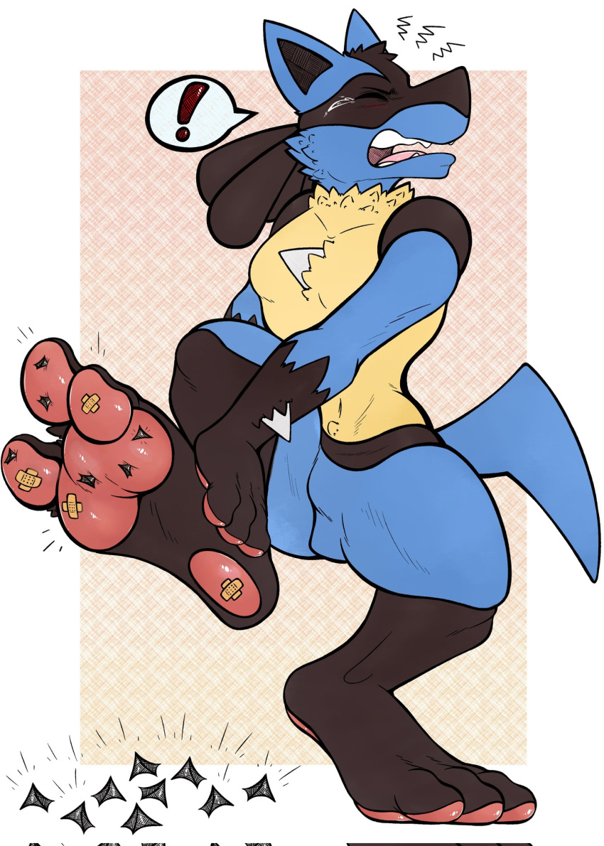 anthro bandage feet generation_4_pokemon hi_res lucario nintendo pain pawpads pokemon pokemon_(species) sebafox soles spikes toes video_games