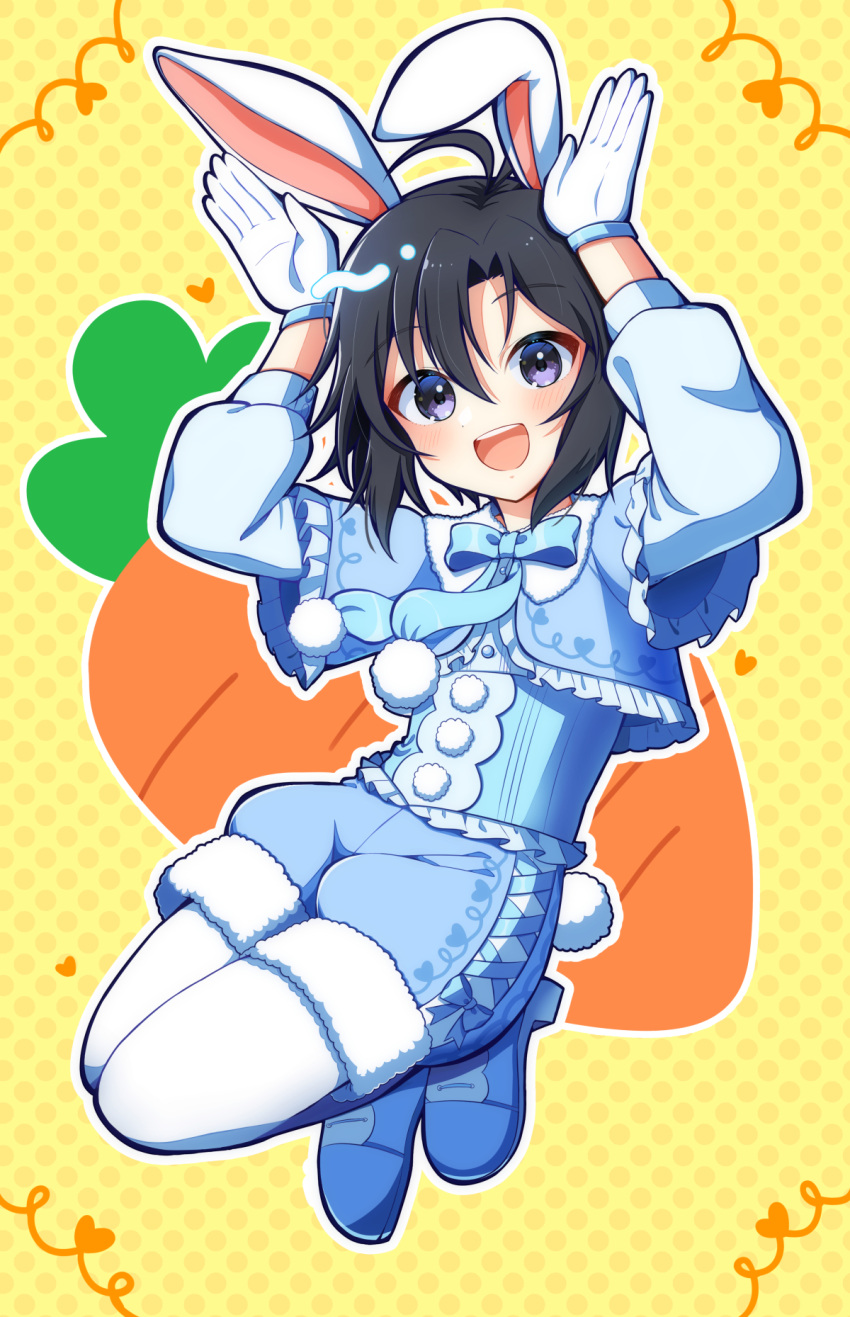 1girl akanekotuki animal_ears antenna_hair arms_up black_hair bow bowtie gloves hair_between_eyes highres idolmaster idolmaster_million_live! idolmaster_million_live!_theater_days kikuchi_makoto long_sleeves open_mouth pantyhose puffy_shorts purple_eyes rabbit_ears short_hair shorts solo white_gloves