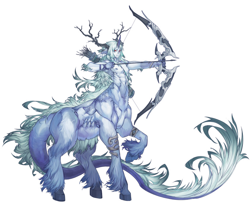 1boy animal_ears antlers arrow_(projectile) blue_fur blue_skin bow_(weapon) centauroid chinese_commentary closed_mouth colored_sclera colored_skin drawing_bow full_body fur-tipped_tail green_hair hands_up highres holding holding_bow_(weapon) holding_weapon hooves horns long_hair male_focus monster_boy nude original quiver red_eyes red_sclera simple_background single_horn solo standing tail taur weapon white_background windy_(416053778)