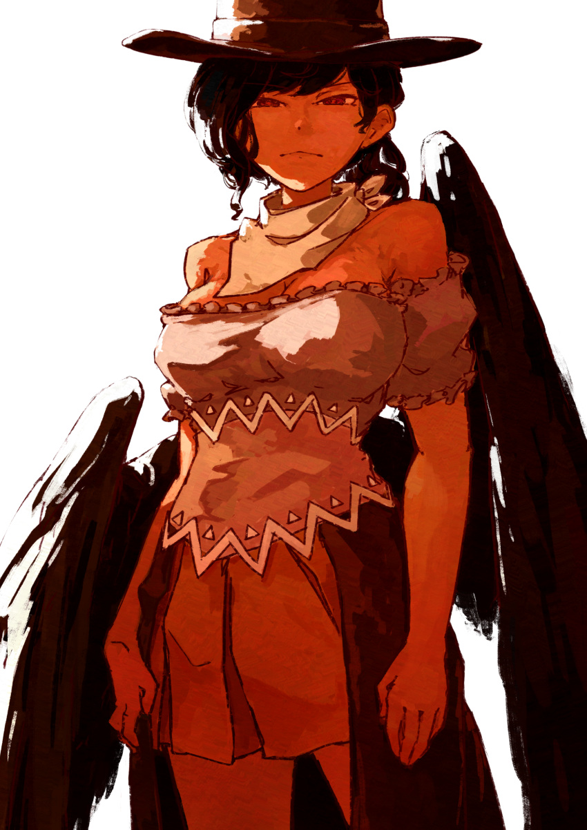 1girl absurdres bandana bangs black_eyes black_hair black_wings breasts brown_eyes brown_headwear cleavage closed_mouth commentary cowboy_hat cowboy_shot cowboy_western dress expressionless hat highres horse_girl hyoutan_tan kurokoma_saki large_breasts long_hair looking_at_viewer multicolored_clothes multicolored_dress off-shoulder_dress off_shoulder simple_background solo squinting textless_version the_good_the_bad_and_the_ugly touhou white_background white_bandana wings