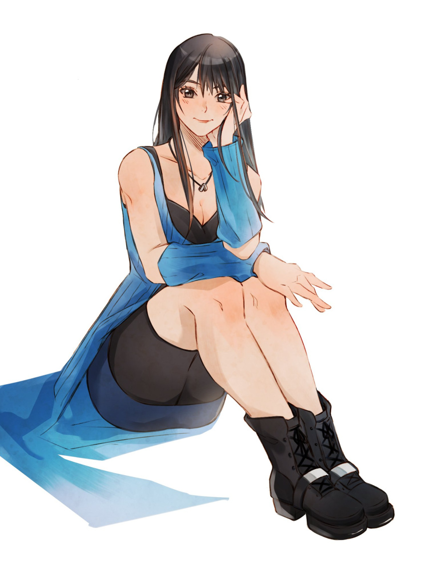 1girl arm_warmers bike_shorts black_hair boots breasts dress final_fantasy final_fantasy_viii full_body gloves highres legs_together long_hair looking_at_viewer medium_breasts mmariesr open_clothes rinoa_heartilly skirt sleeveless_duster solo