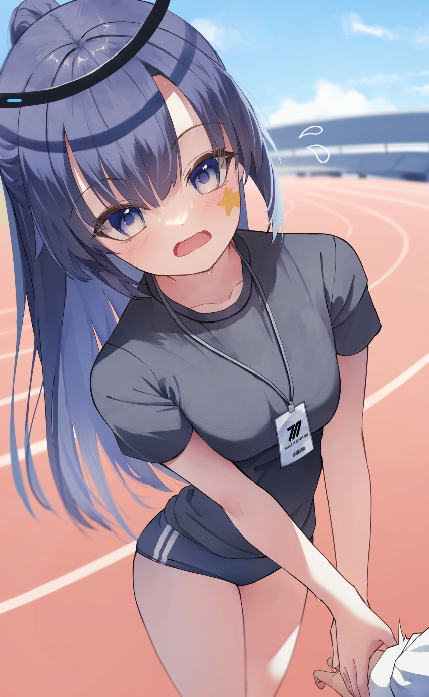 1girl absurdres blue_archive blue_eyes blue_hair buruma gym_shirt gym_shorts gym_uniform halo highres holding_hands name_tag shirt shorts shun'ya_(daisharin36) teacher track_and_field yuuka_(blue_archive) yuuka_(gym_uniform)_(blue_archive)