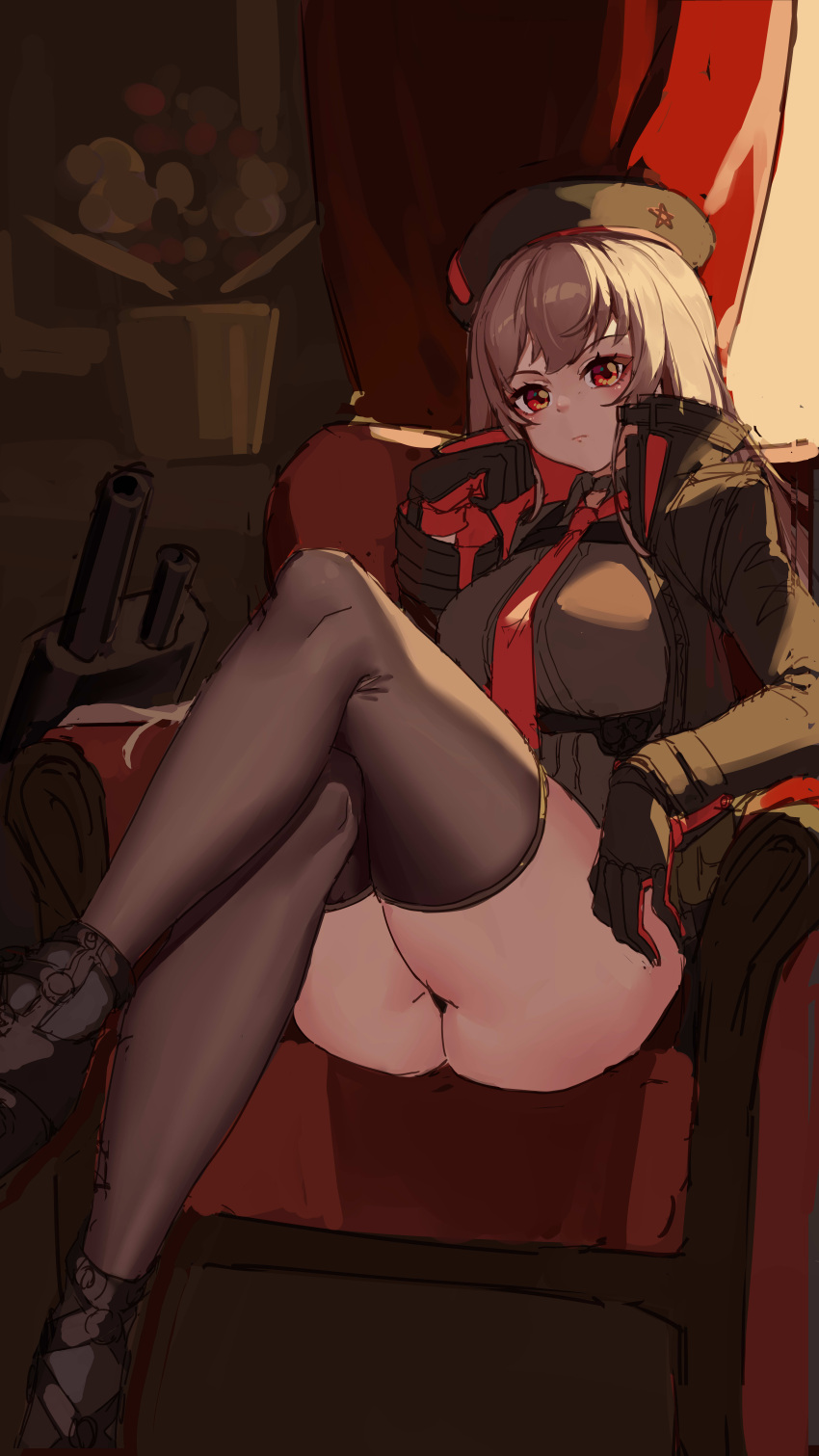 1girl absurdres ass assault_rifle bangs belt beret black_gloves black_jacket black_shirt black_thighhighs breasts crossed_legs gloves goddess_of_victory:_nikke gun hand_on_own_face hat highres jacket looking_at_viewer necktie pool_(lautomaton) pouch rapi_(nikke) red_necktie rifle shirt sitting solo star_(symbol) thighhighs thighs weapon