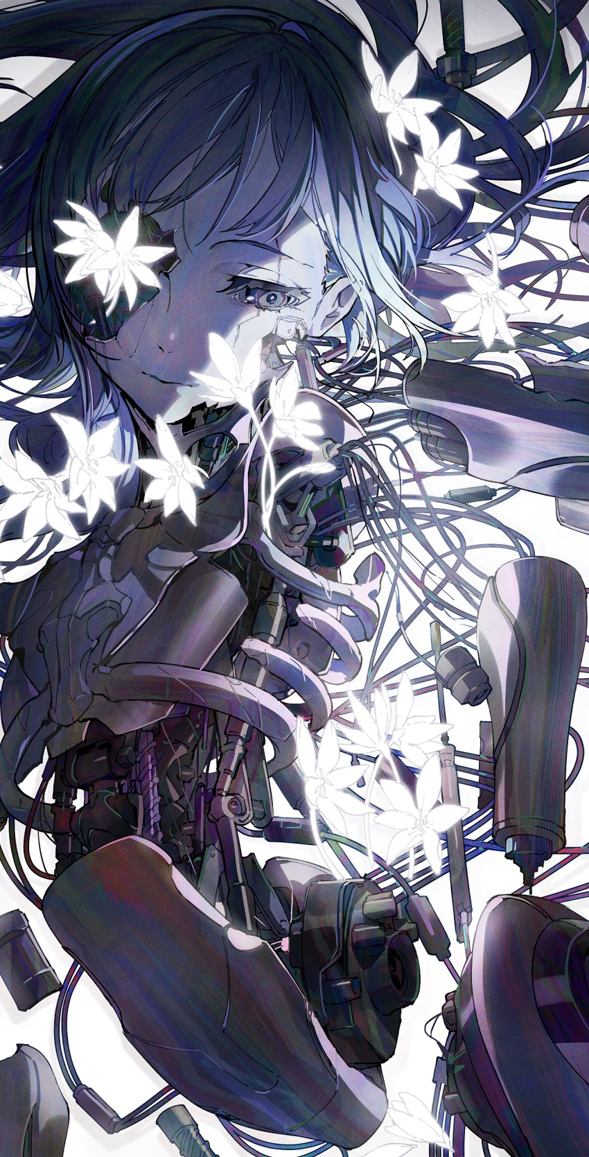 1girl absurdres android bangs black_hair cable damaged expressionless flower glowing_flower highres long_hair looking_down mechanical_parts mika_pikazo missing_eye nude original ribs