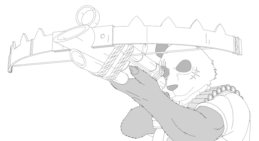 aiming bamboo bamboo_object bamboo_stick beastars black_and_white black_and_white_body black_and_white_fur black_body black_fur bow_(disambiguation) bow_ribbon bullet clawed_fingers claws clipped crossbow facial_scar fur giant_panda gouhin_(beastars) hand_holding hi_res humanoid male mammal monochrome muscular muscular_male ranged_weapon rope scar scar_over_eye scared simple_background solo ursid weapon white_background white_body white_fur xdzy111