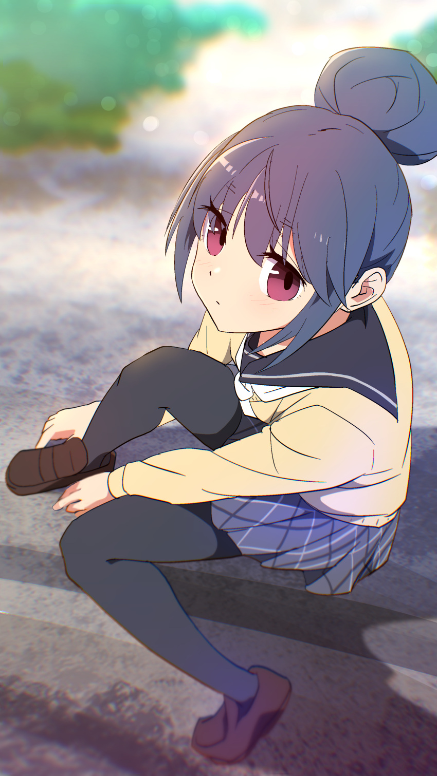 1girl absurdres blue_hair blurry blurry_background hair_bun highres loafers oekakiism pantyhose pink_eyes sailor_collar school_uniform shima_rin shoes sitting solo yurucamp