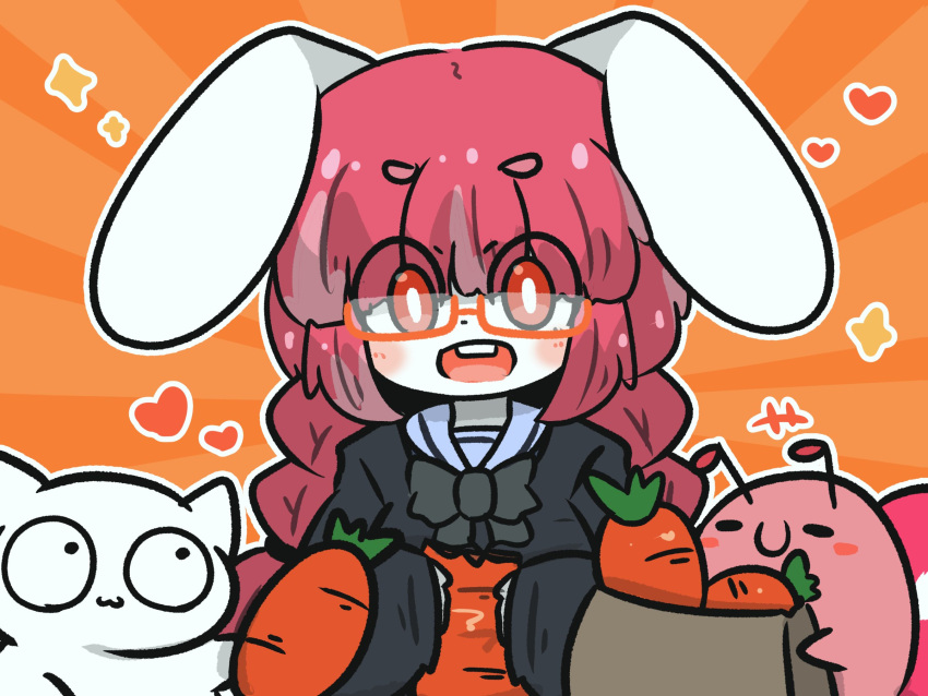 +++ 1girl :d animal_ears bag bangs black_bow black_shirt blue_sailor_collar blush bow braid buck_teeth carrot closed_eyes closed_mouth commentary_request eyes_visible_through_hair food glasses grocery_bag heart highres holding holding_food long_hair long_sleeves orange-tinted_eyewear orange_background original paper_bag puffy_long_sleeves puffy_sleeves rabbit_ears red_eyes red_hair sailor_collar semi-rimless_eyewear shirt shopping_bag short_eyebrows sleeves_past_wrists smile solo sunburst sunburst_background teeth thick_eyebrows tinted_eyewear twin_braids under-rim_eyewear uni_souchou upper_body upper_teeth very_long_hair wide-eyed
