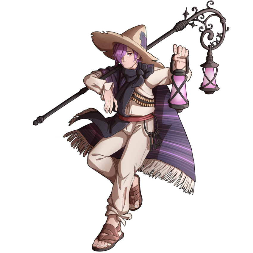 1boy alternate_costume ammunition_belt bags_under_eyes belt black_scarf bullet cape commission commissioner_upload hair_over_one_eye hat highres holding holding_lamp holding_staff key lamp lamplighter_(oneshot) long_sleeves mefomefo oneshot_(game) pants patchwork_clothes purple_hair red_belt red_eyes sandals scarf shirt short_hair solo staff straw_hat white_pants white_shirt wizard_hat