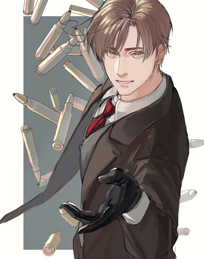 1boy ahoge axis_powers_hetalia bad_link bangs black_gloves brown_hair brown_jacket brown_suit bullet collared_shirt formal gloves green_eyes grey_background grey_waistcoat grin highres jacket looking_at_viewer male_focus necktie outstretched_hand red_necktie shell_casing shirt short_hair simple_background smile southern_italy_(hetalia) suit two-tone_background white_background white_shirt zhongerweiyuan