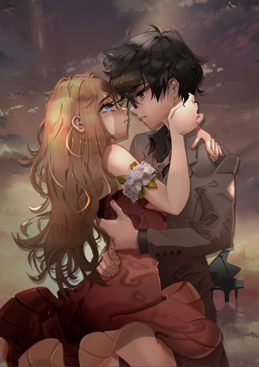 1boy 1girl absurdres affectionate arima_kousei black_hair black_jacket black_necktie black_shirt black_suit blonde_hair blue_eyes couple cuddling detached_sleeves dress eye_contact flower formal hand_on_another's_neck hand_on_another's_waist heart highres jacket jonathan_lee long_hair long_sleeves looking_at_another miyazono_kawori necktie red_dress self_upload shigatsu_wa_kimi_no_uso shirt short_sleeves suit white_flower