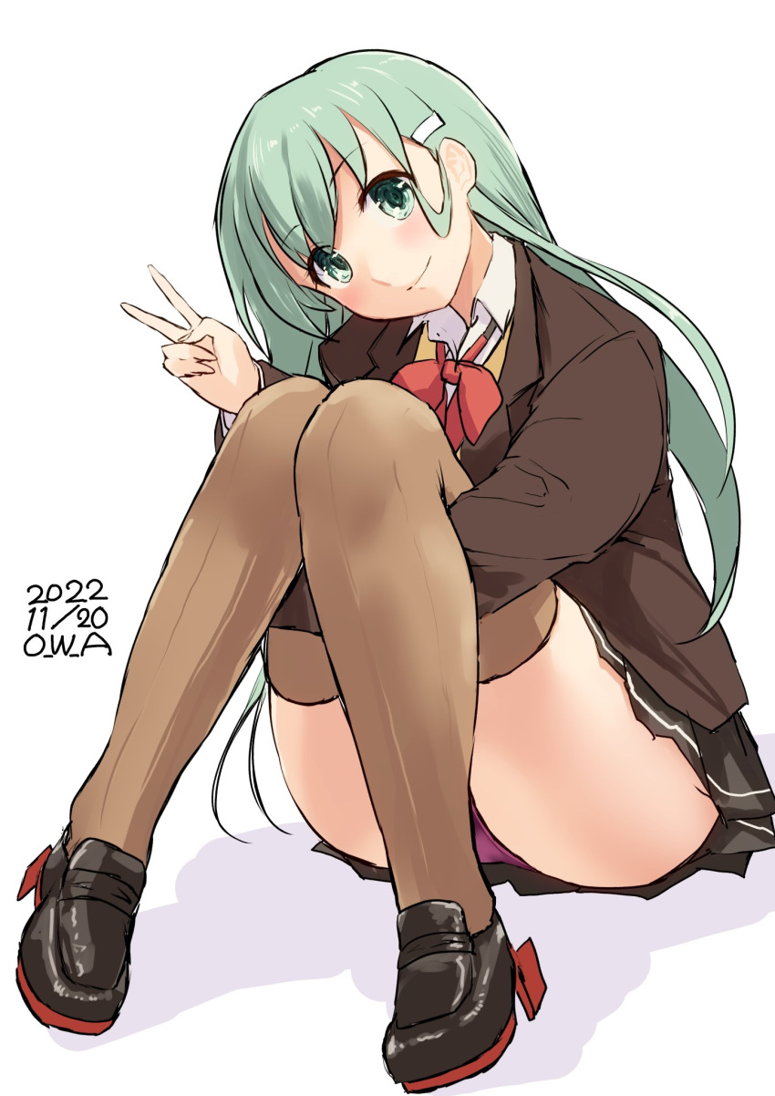 1girl aqua_eyes aqua_hair artist_name ascot black_footwear blazer brown_jacket brown_skirt brown_thighhighs cardigan dated hair_ornament hairclip highres jacket kantai_collection legs_together long_hair long_sleeves looking_at_viewer mary_janes neckerchief open_cardigan open_clothes owa_(ishtail) pleated_skirt school_uniform shoes simple_background skirt smile solo suzuya_(kancolle) suzuya_kai_ni_(kancolle) thighhighs v