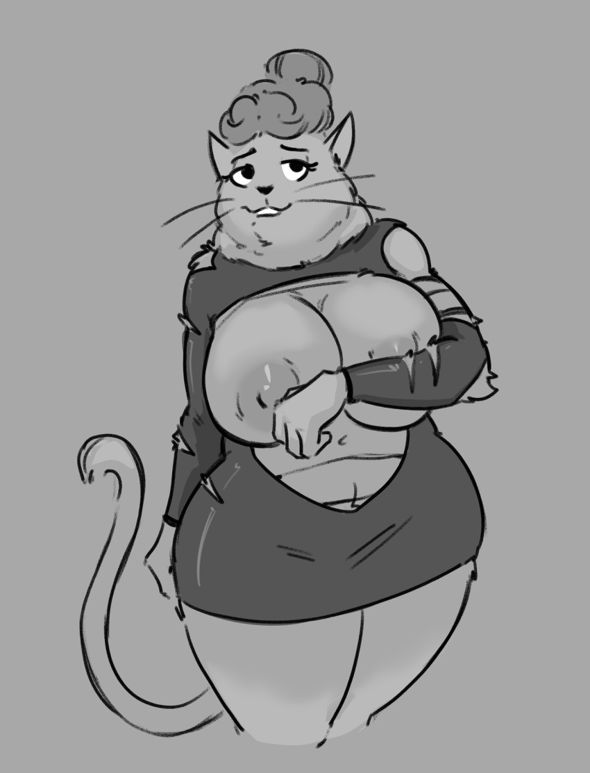 2022 anthro areola aunt_polly big_areola big_breasts big_nipples breasts clothing cocktail_dress curled_hair curvy_figure digital_media_(artwork) domestic_cat dress eyebrows eyelashes felid feline felis female fingers fur fur_tuft glistening glistening_areola glistening_clothing glistening_dress greyscale hair hi_res huge_breasts long_whiskers looking_at_viewer mammal mature_anthro mature_female monochrome navel nipples portrait prick_ears short_hair smile smiling_at_viewer solo standing stupidgnoll thick_thighs three-quarter_portrait tom_sawyer_(2000_film) torn_clothing torn_dress tuft whiskers wide_hips