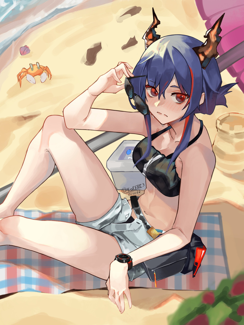 1girl absurdres animal arknights arm_up bare_arms bare_shoulders beach beach_umbrella bikini bikini_under_clothes black_bikini blue_hair blush breasts ch'en_(arknights) ch'en_the_holungday_(arknights) closed_mouth collarbone commentary crab dated eyewear_removed grey_shorts highres holding holding_eyewear horns koffre3 looking_at_viewer looking_to_the_side medium_breasts multicolored_hair navel no_tail nose_blush red_eyes red_hair sand sand_sculpture short_shorts shorts solo streaked_hair sunglasses swimsuit twitter_username umbrella watch wristwatch