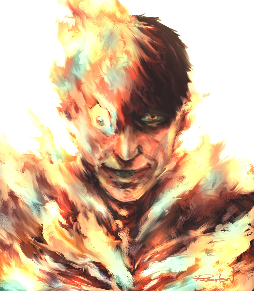 1boy absurdres agni_(fire_punch) agni_face_(meme) black_hair burning fire fire_punch flaming_eye forced_smile highres looking_at_viewer meme rakutoooon short_hair simple_background smile solo white_background