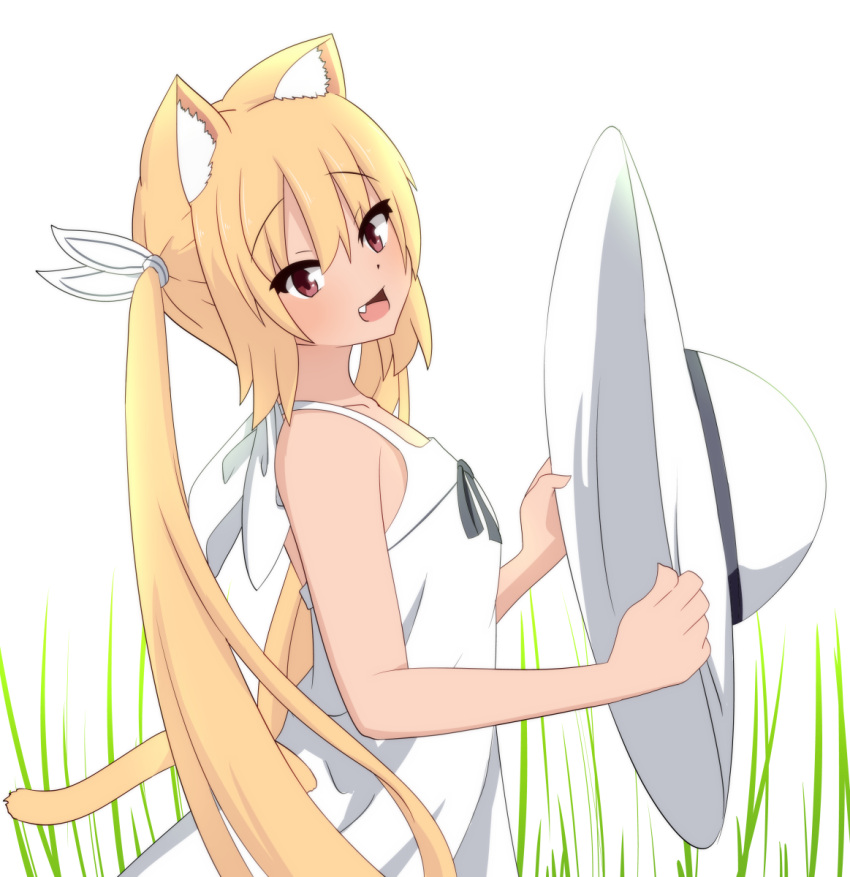 1girl animal_ears blonde_hair bokota_(bokobokota) dress fang fox_ears fox_girl fox_tail from_side grass hat highres holding holding_clothes holding_hat looking_at_viewer open_mouth original red_eyes solo sun_hat sundress tail twintails white_dress white_headwear