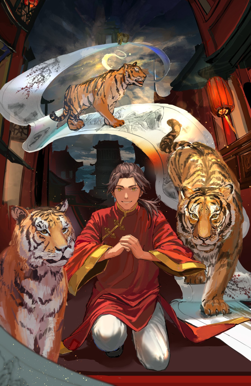 1boy architecture axis_powers_hetalia brown_eyes brown_hair china_(hetalia) chinese_clothes cityscape east_asian_architecture fist_in_hand grin highres jacket lantern looking_at_viewer male_focus pants paper_lantern ponytail red_jacket scroll smile squatting tiger white_pants wide_sleeves zhongerweiyuan