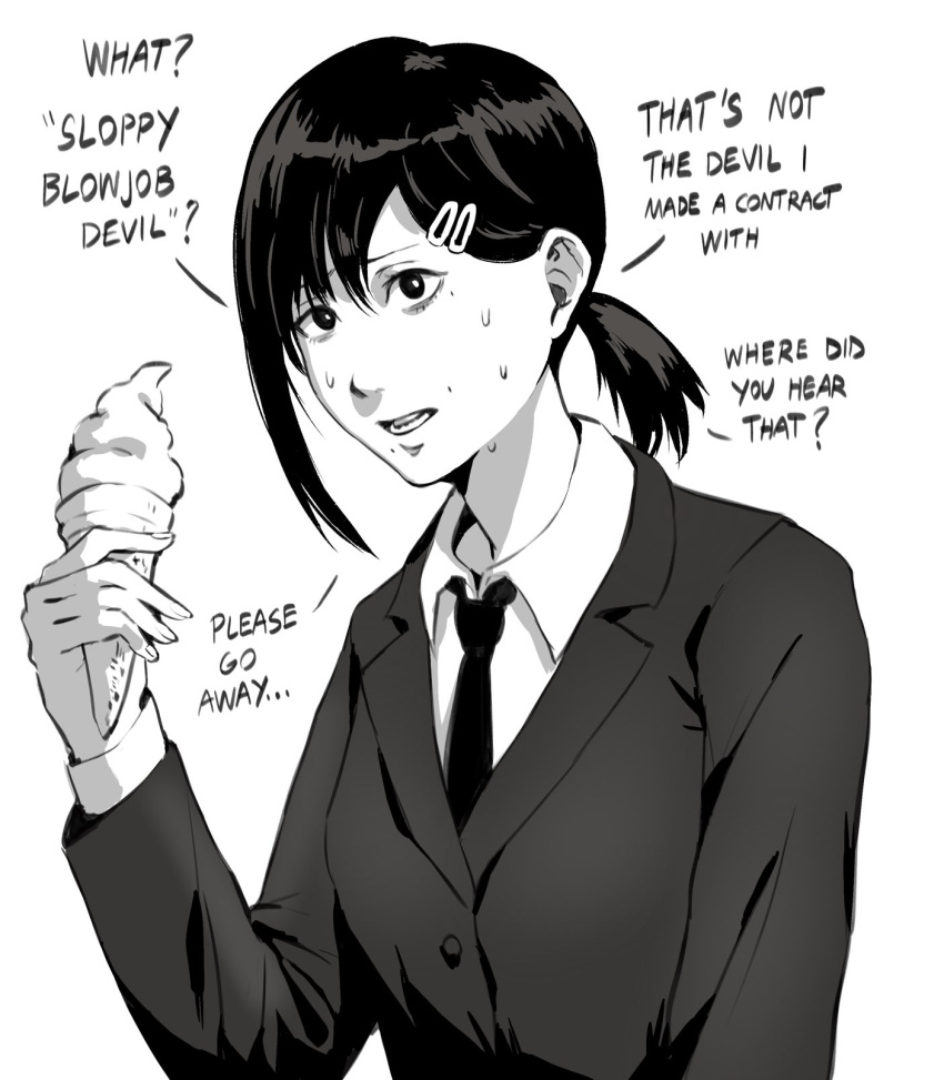 1girl black_hair black_jacket black_necktie chainsaw_man collared_shirt confused food formal francisco_mon greyscale hair_ornament hairclip higashiyama_kobeni highres holding_ice_cream ice_cream jacket looking_at_viewer meme monochrome necktie open_mouth shirt short_hair short_ponytail simple_background single_sidelock sloppy_blowjob_devil_(meme) solo suit sweat white_background white_shirt