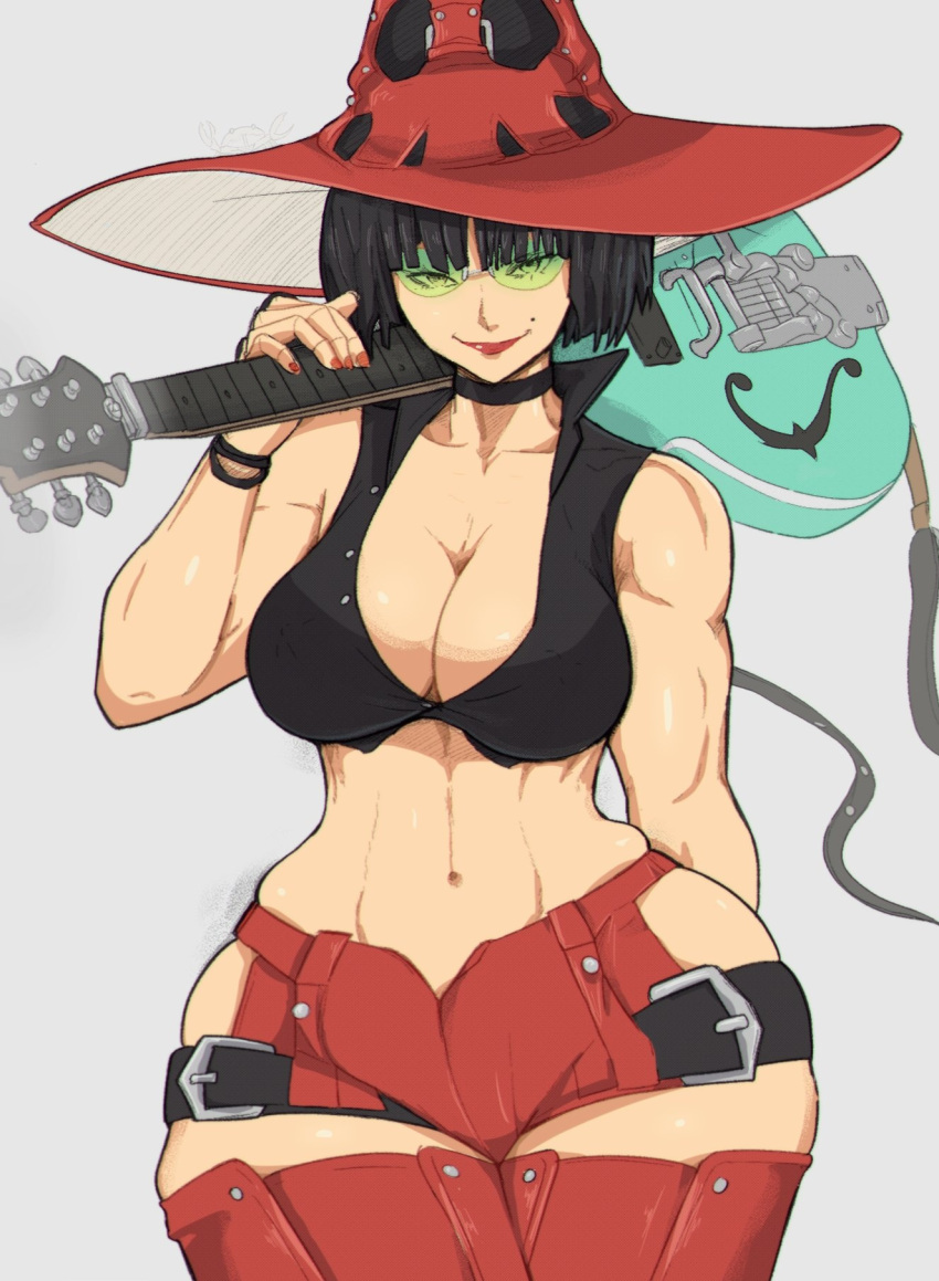 1girl abs bare_shoulders belt black_hair breasts electric_guitar green-framed_eyewear green_eyes grey_background guilty_gear guilty_gear_strive guitar hat highres i-no instrument large_breasts lips mole mole_under_mouth muscular nail_polish navel polo_shirt red_lips red_shorts short_hair shorts smile solo sunglasses thighhighs thighs wide_hips witch_hat yoracrab