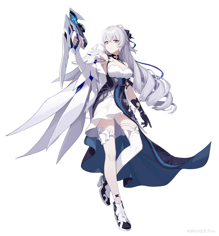 1girl absurdres bangs bare_shoulders black_gloves boots breasts bronya_zaychik bronya_zaychik_(silverwing:_n-ex) cleavage closed_mouth dress drill_hair full_body gloves grey_eyes grey_hair gun high_heel_boots high_heels highres holding holding_gun holding_weapon honkai_(series) honkai_impact_3rd large_breasts long_hair looking_at_viewer simple_background single_glove single_sleeve single_thighhigh solo thighhighs twin_drills wawako_mama weapon white_background white_dress white_sleeves white_thighhighs