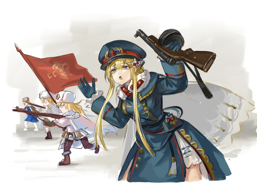 4girls absurdres alternate_weapon blonde_hair blue_coat blue_gloves cape character_request check_character coat commission cowboy_shot cropped_legs flag fur_hat girls'_frontline gloves gun hat highres holding holding_weapon long_hair long_sleeves military military_uniform mosin-nagant_(girls'_frontline) multiple_girls nagant_revolver_(girls'_frontline) parody peaked_cap ppd-40_(girls'_frontline) ppsh-41_(girls'_frontline) red_flag rifle sawkm sidelocks submachine_gun uniform ushanka very_long_hair weapon white_background white_cape