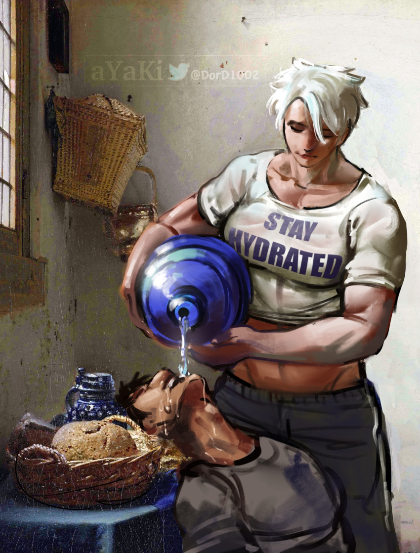 1boy 1girl ayaki_d breasts clothes_writing drinking english_text fine_art_parody highres muscular muscular_female original pants parody shirt the_milkmaid water wet white_hair white_shirt