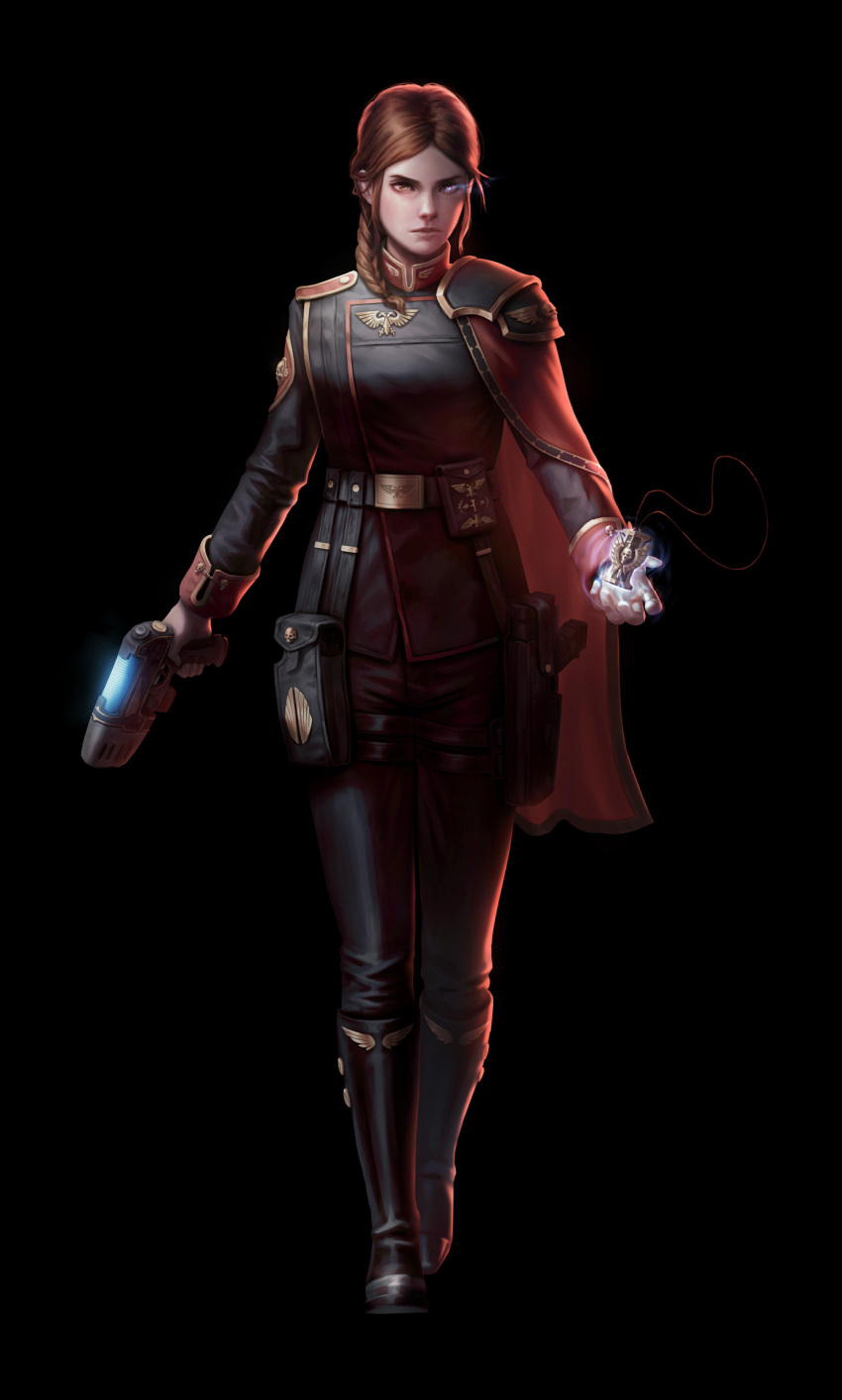 1girl bangs black_background black_footwear black_jacket black_pants boots braid braided_ponytail brown_eyes brown_hair cape closed_mouth glowing glowing_eye gun highres holding holding_gun holding_weapon imperium_of_man inquisition_(warhammer) jacket lips long_hair long_sleeves looking_at_viewer military military_uniform pants plasma_pistol psyker red_cape simple_background solo standing twotimesthedime uniform warhammer_40k weapon