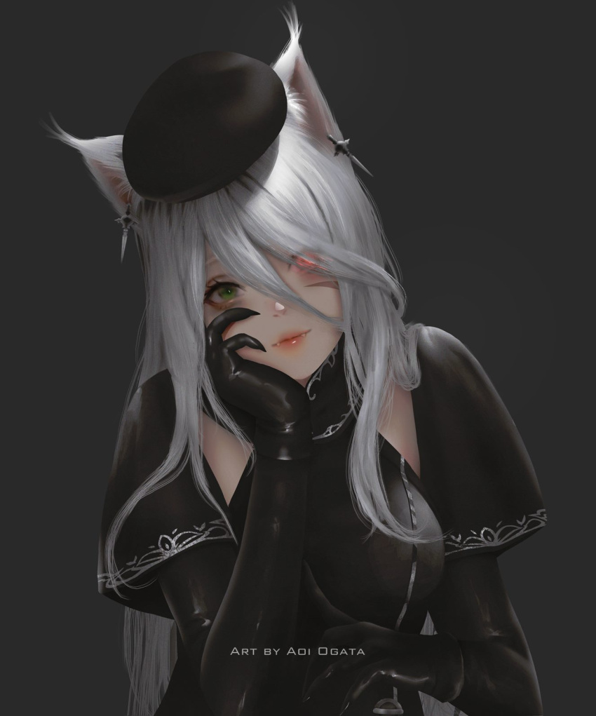 1girl animal_ear_fluff animal_ears aoi_ogata artist_name bangs beret black_dress black_gloves black_headwear breasts clip_studio_paint_(medium) closed_mouth commentary commission dress elbow_gloves english_commentary facial_mark fangs fangs_out final_fantasy final_fantasy_xiv gloves green_eyes grey_background grey_hair hair_between_eyes hand_up hat head_tilt heterochromia highres medium_breasts miqo'te red_eyes red_lips short_sleeves simple_background smile solo upper_body watermark