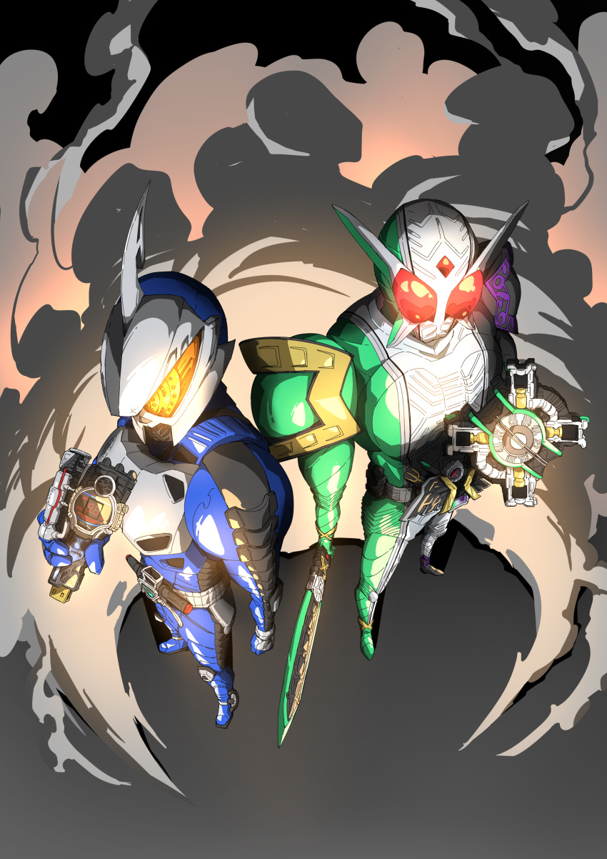 2boys absurdres accel_trial driver_(kamen_rider) dust_cloud from_above gaia_memory highres holding holding_shield holding_sword holding_weapon kamen_rider kamen_rider_accel kamen_rider_double kamen_rider_double_(cyclonejokerxtreme) kamen_rider_w multiple_boys naitsupic shield sword weapon