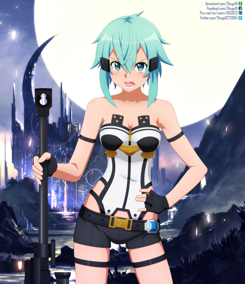 1girl arm_strap bangs black_gloves black_shorts blue_eyes blue_hair breasts cleavage collarbone contrapposto cowboy_shot fingerless_gloves gloves gun hair_between_eyes hair_ornament hairclip hand_on_hip highres holding holding_gun holding_weapon leotard looking_at_viewer medium_breasts open_mouth pgm_hecate_ii shiny shiny_hair short_hair_with_long_locks short_shorts shorts shugo19 sidelocks sinon solo standing strapless strapless_leotard sword_art_online thigh_strap v-shaped_eyebrows weapon web_address white_leotard