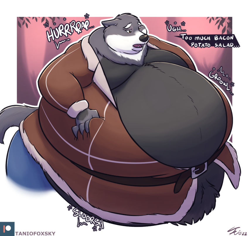 2022 anthro belly belly_grab belly_overhang belly_squish belt big_belly big_butt big_moobs bottomwear brown_eyes butt canid canine canis chubby_cheeks clothing coat cute_fangs dialogue double_chin ears_down english_text fluffy fluffy_tail fur grey_body grey_fur half-length_portrait hand_on_stomach holding_belly huge_butt hyper hyper_belly looking_at_self male mammal moobs morbidly_obese neck_tuft obese open_mouth overweight pants pivoted_ears portrait simple_background solo sound_effects squish tanio text thick_arms thick_thighs tight_clothing topwear tuft white_body white_fur wolf