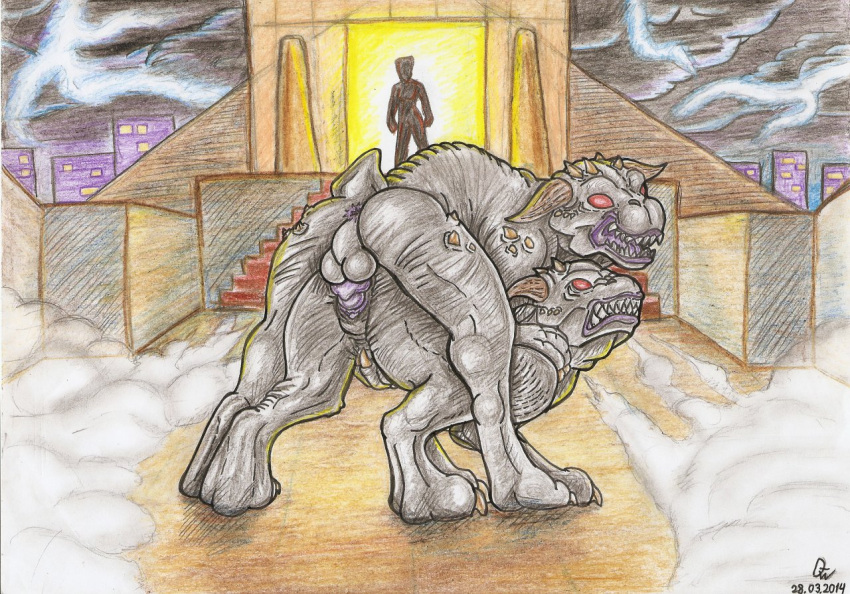 2014 anus background_character backlighting balls butt canid canid_demon claws clenched_teeth clitoris colored_pencil_(artwork) demon detailed_background digitigrade dirty-wolf eye_contact female female_penetrated feral feral_on_feral feral_penetrated feral_penetrating feral_penetrating_feral fog from_behind_position genitals ghostbusters gozer_(ghostbusters) grey_body grey_skin group hairless humanoid knot light lighting lightning looking_at_another looking_at_partner male male/female male_penetrating male_penetrating_female mammal mounting open_mouth outside paws penetration penile penile_penetration penis penis_in_pussy perineum purple_gums purple_penis purple_pussy purple_tongue pussy quadruped raised_tail rear_view red_eyes rooftop sex sharp_claws sharp_teeth silhouette spikes spikes_(anatomy) teeth terror_dog tongue traditional_media_(artwork) trio vaginal vaginal_penetration vinz_clortho_(ghostbusters) zuul_(ghostbusters)