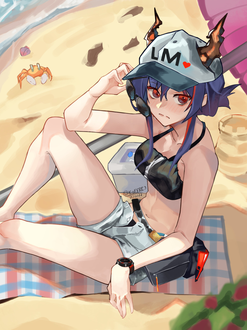 1girl absurdres animal arknights arm_up bare_arms bare_shoulders baseball_cap beach beach_umbrella bikini bikini_under_clothes black_bikini blue_hair blush breasts ch'en_(arknights) closed_mouth collarbone commentary crab dated eyewear_removed female_tourist_c_(arknights) grey_headwear grey_shorts hat highres holding holding_eyewear horns horns_through_headwear koffre3 looking_at_viewer looking_to_the_side medium_breasts multicolored_hair navel no_tail nose_blush red_eyes red_hair sand sand_sculpture short_shorts shorts solo streaked_hair sunglasses swimsuit twitter_username umbrella watch wristwatch