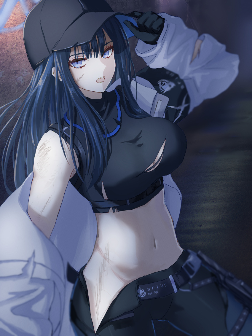 1girl absurdres arm_up armband bangs bare_shoulders baseball_cap belt black_belt black_gloves black_hair black_headwear black_pants black_shirt blue_archive blue_eyes breasts chest_harness cleavage coat commentary cowboy_shot crop_top cuts gloves groin hakurai-is halo harness hat highres holster injury knife knife_holster long_hair looking_at_viewer medium_breasts navel no_mask off_shoulder open_mouth pants saori_(blue_archive) scratches shirt sleeveless sleeveless_shirt snap-fit_buckle solo standing stomach taut_clothes taut_shirt teeth thigh_holster torn_clothes torn_coat torn_pants torn_shirt underbust upper_teeth white_coat