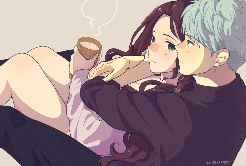 1boy 1girl bare_legs black_pants black_shirt blue_eyes blue_hair blush breasts brown_hair caspar_von_bergliez cleavage closed_mouth couple dorothea_arnault eye_contact fire_emblem fire_emblem:_three_houses green_eyes grey_background grey_shirt hetero highres holding hug hug_from_behind kh_(tanakananataka) long_hair long_sleeves looking_at_another medium_breasts naked_shirt pants shiny shiny_hair shirt short_hair sitting smile twitter_username