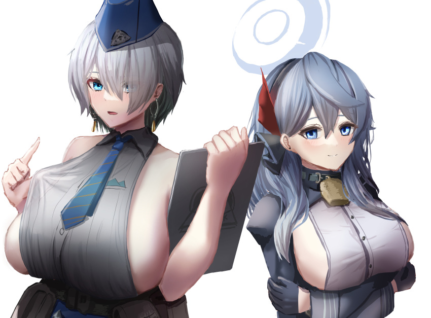 2girls absurdres ako_(blue_archive) bangs bare_shoulders bell belt_pouch black_gloves black_hairband blue_archive blue_coat blue_eyes blue_hair blue_headwear blue_necktie blue_skirt breasts brid_(nikke) closed_mouth coat collared_shirt commentary_request cowbell cowboy_shot crossed_arms dangle_earrings earrings gloves goddess_of_victory:_nikke grey_hair hair_between_eyes hair_ribbon hairband hakurai-is half_gloves halo hands_up highres holding holding_tablet_pc jewelry large_breasts long_hair long_sleeves looking_at_viewer multiple_girls neck_bell necktie no_gloves open_mouth pouch red_ribbon ribbon shirt shirt_tug sideboob sidelocks simple_background skirt sleeveless sleeveless_shirt standing striped_necktie tablet_pc trait_connection underbust white_background