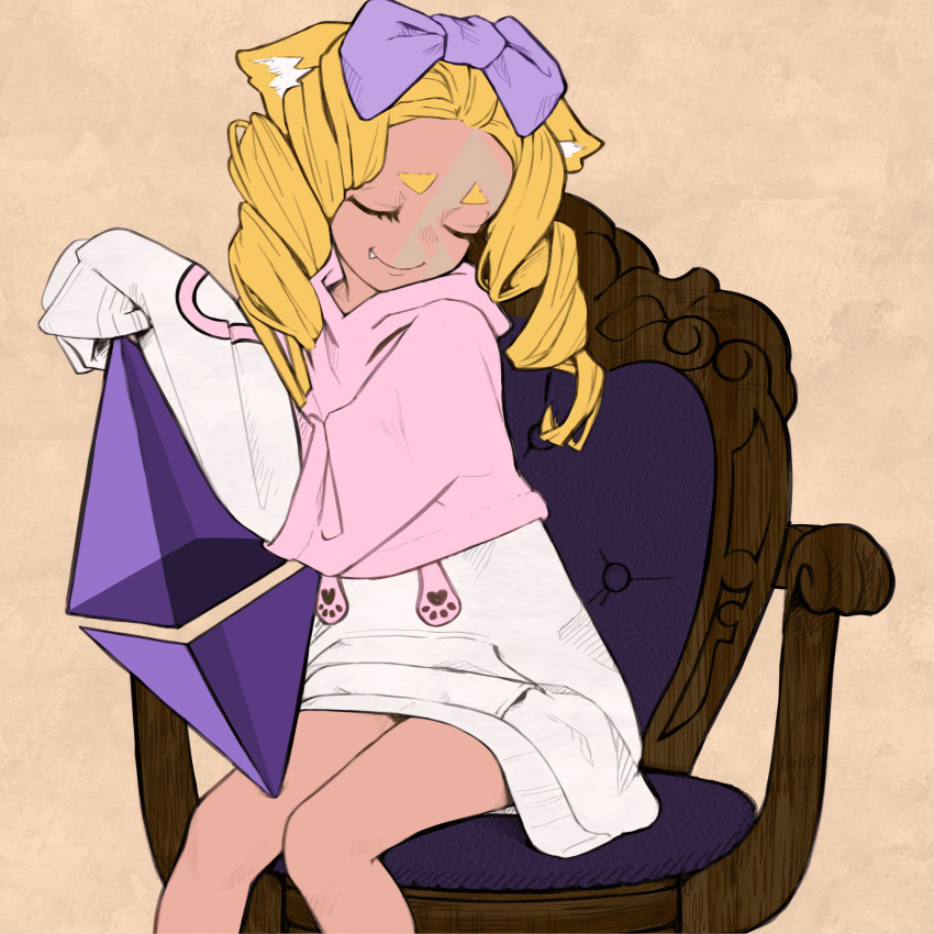 1girl absurdres animal_ear_fluff animal_ears armchair blonde_hair bow cat_ears chair closed_eyes closed_mouth drill_hair ethereum fang feet_out_of_frame hair_bow highres holding hood hood_down hoodie long_hair long_sleeves on_chair original purple_bow ryohhe sitting sleeves_past_fingers sleeves_past_wrists smile solo twin_drills