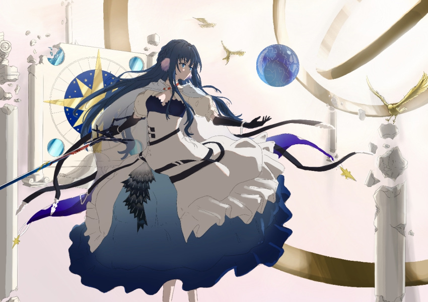 1girl animal_ears arknights armillary_sphere astesia_(arknights) astesia_(starseeker)_(arknights) belt bird bird_ears blue_eyes blue_hair blue_skirt cape celestial_globe compass_rose constellation crumbling dress elbow_gloves feet_out_of_frame gloves holding holding_sword holding_weapon htwww layered_dress long_hair pillar skirt solo standing star_(symbol) sword walking weapon white_background white_dress