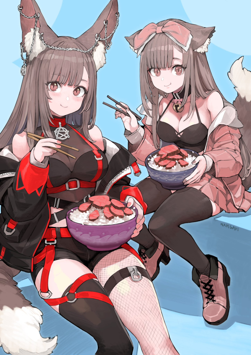 2girls animal_ear_fluff animal_ears artist_name asymmetrical_legwear bangs bell belt black_camisole black_collar black_jacket black_shorts black_thighhighs blue_background blunt_bangs blush bodystocking bow bowl breasts brown_eyes brown_hair camisole cat_ears chain cheek_bulge chopsticks cleavage closed_mouth collar commentary commission crop_top cross-laced_footwear dual_persona ear_chain eating english_commentary feet_out_of_frame fishnet_pantyhose fishnets food fox_ears full_body hair_bow highres holding holding_bowl holding_chopsticks indie_virtual_youtuber jacket jun_(seojh1029) long_hair looking_at_viewer meat medium_breasts miniskirt mismatched_legwear multiple_girls neck_bell o-ring off_shoulder open_clothes open_jacket pantyhose pentagram pink_bow pink_footwear pink_jacket pink_skirt pleated_skirt red_belt red_collar rice rumihime short_shorts shorts signature simple_background single_leg_pantyhose sitting skeb_commission skirt slit_pupils smile straight_hair thighhighs zettai_ryouiki