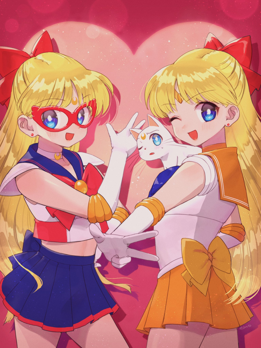 aino_minako back_bow bangs bishoujo_senshi_sailor_moon blonde_hair blue_bow blue_bowtie blue_eyes blue_sailor_collar blue_skirt bow bowtie codename_wa_sailor_v collar crescent crescent_choker crescent_facial_mark domino_mask dual_persona earrings elbow_gloves facial_mark forehead_mark gloves hair_bow highres jewelry leotard long_hair mask miniskirt orange_bow orange_collar orange_gemstone pleated_skirt red_bow sailor_collar sailor_senshi_uniform sailor_v sailor_venus shirt short_sleeves shoulder_pads skirt stud_earrings tiara v white_gloves white_leotard white_shirt yyemoyy