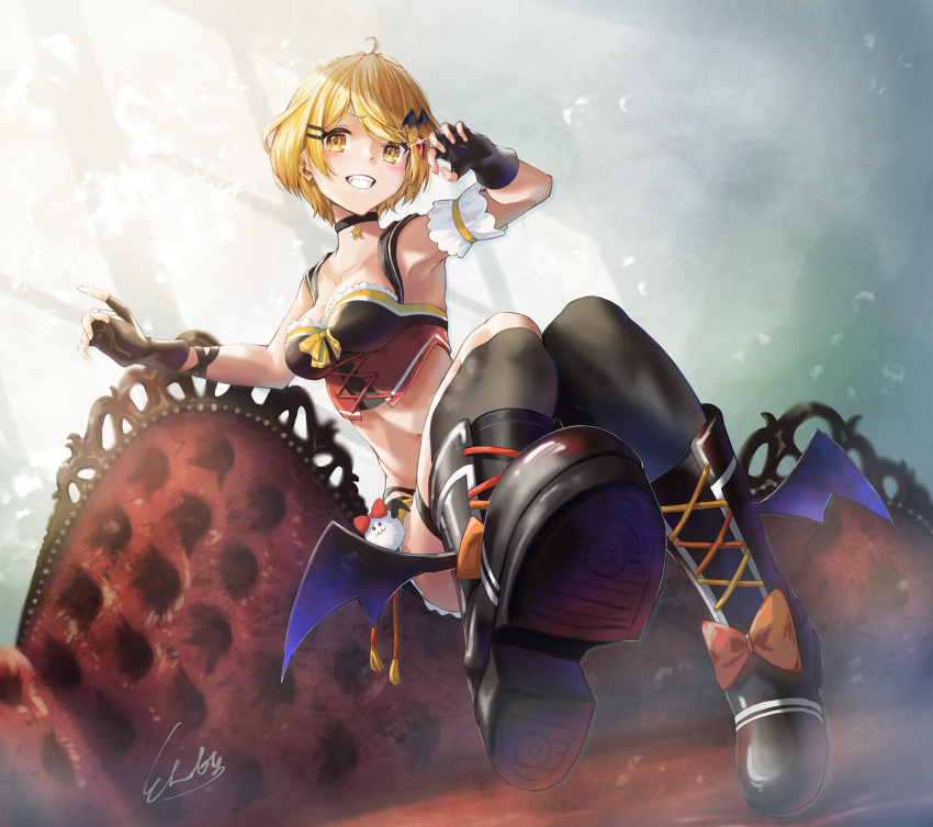 1girl ahoge arm_garter asymmetrical_legwear bat_hair_ornament black_choker black_gloves black_shorts black_socks black_thighhighs blonde_hair boots breasts bustier choker claw_pose cross-laced_clothes cross-laced_footwear detached_sleeves fangs fingerless_gloves gloves grin hair_ornament hairclip highres hololive kneehighs l-phy lace-up_boots looking_at_viewer medium_breasts midriff revealing_clothes sharp_teeth short_hair short_shorts short_sleeves shorts single_kneehigh single_sock single_thighhigh smile socks solo teeth thighhighs underbust uneven_legwear v-shaped_eyebrows virtual_youtuber white_sleeves winged_footwear yellow_eyes yozora_mel