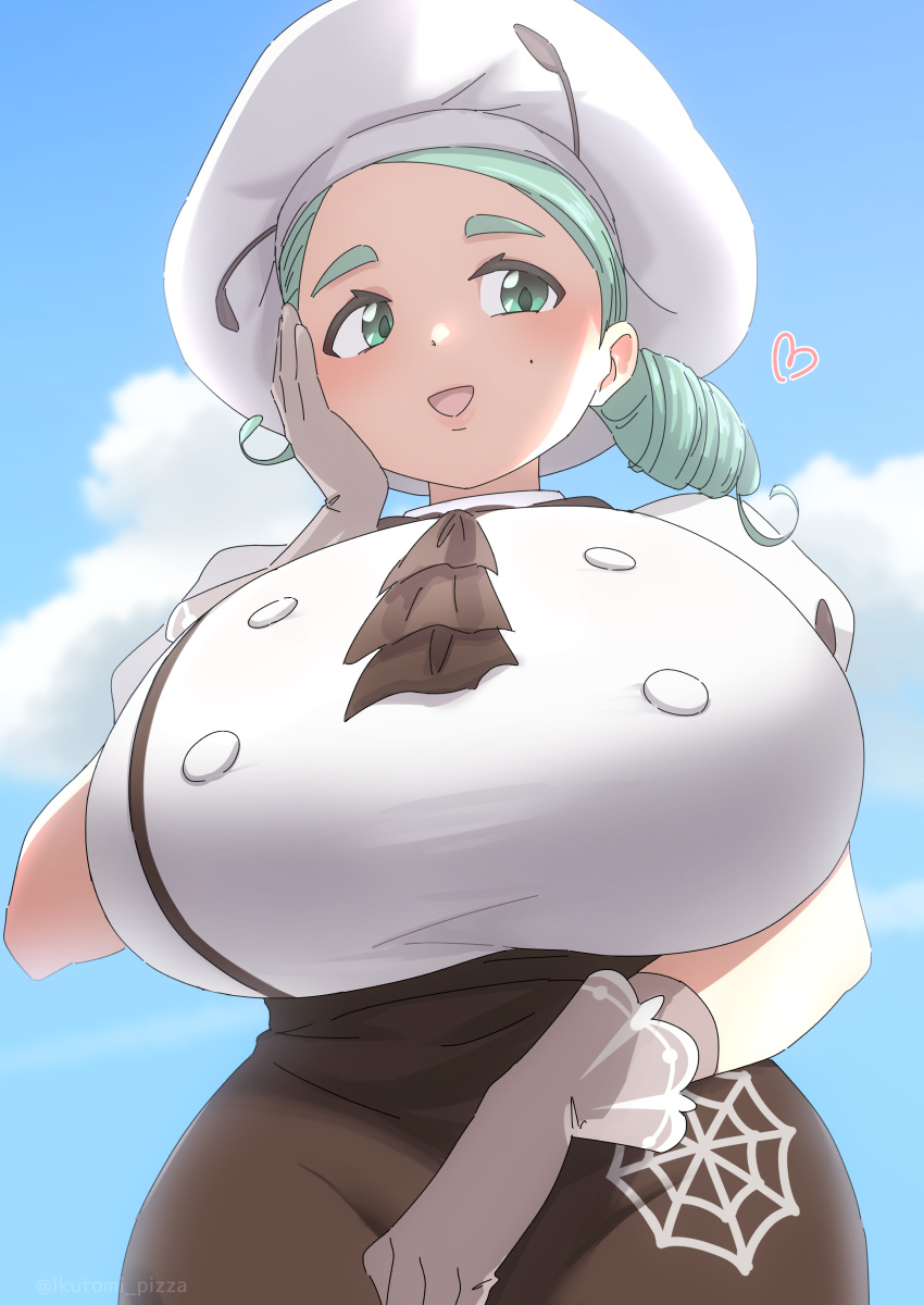 1girl absurdres aqua_eyes aqua_hair ascot beret breasts brown_skirt from_below gloves hand_on_own_cheek hand_on_own_face hat heart highres huge_breasts ikutomipizza katy_(pokemon) mole mole_on_cheek pokemon pokemon_(game) pokemon_sv skirt twitter_username