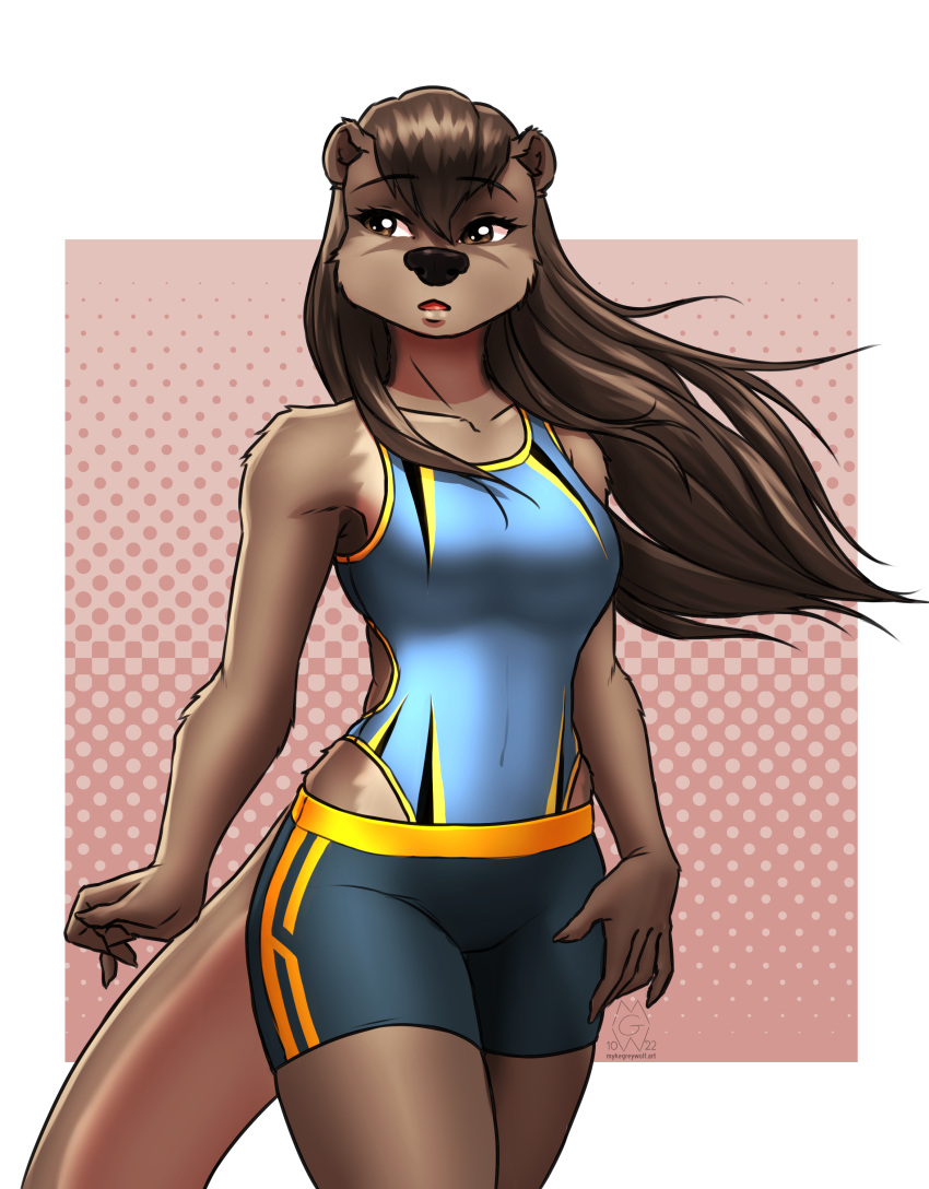 2022 absurd_res anthro black_nose bottomwear breasts brown_eyes brown_hair clothed clothing eyebrows eyelashes female hair hi_res long_hair lutrine mammal medium_breasts mustelid mykegreywolf nat_(mykegreywolf) one-piece_swimsuit partially_clothed shorts shoulder_tuft solo swimwear tuft