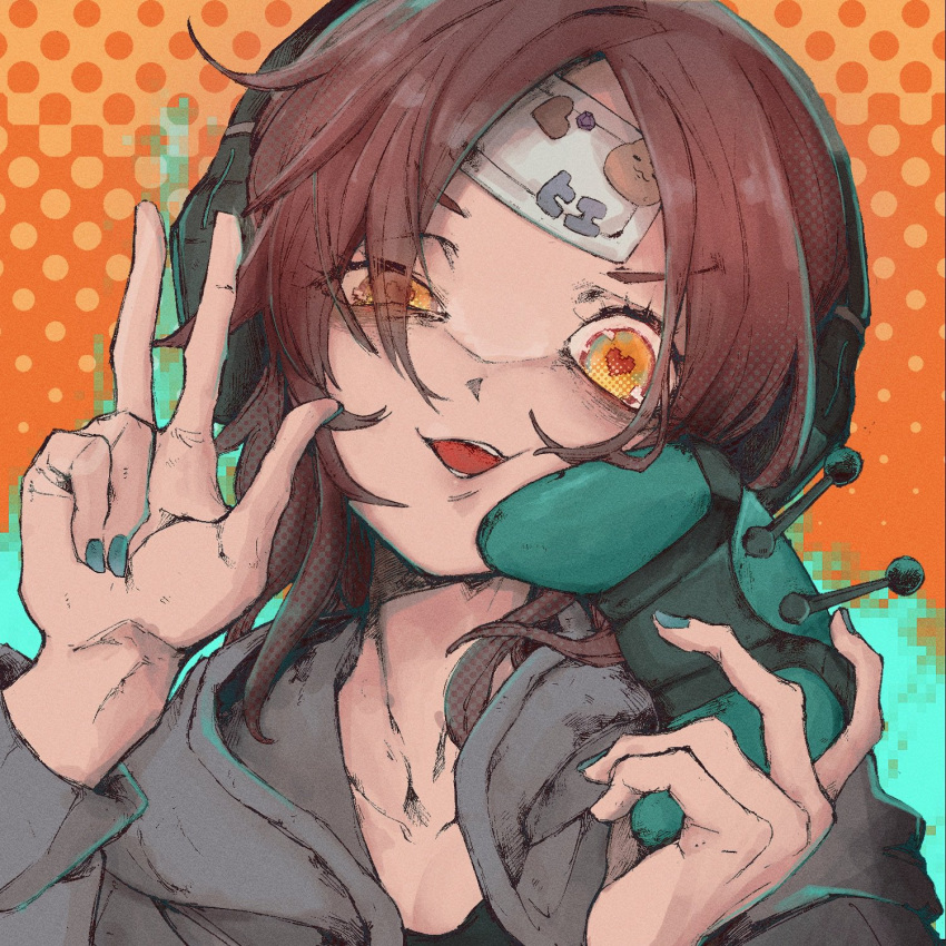 bandages brown_hair controller gradient gradient_background green_background green_nails grey_hoodie headphones heart heart-shaped_eyes highres holding holding_controller hood hoodie nail_polish open_mouth orange_background shiro_iku smile squinting tongue v yellow_eyes