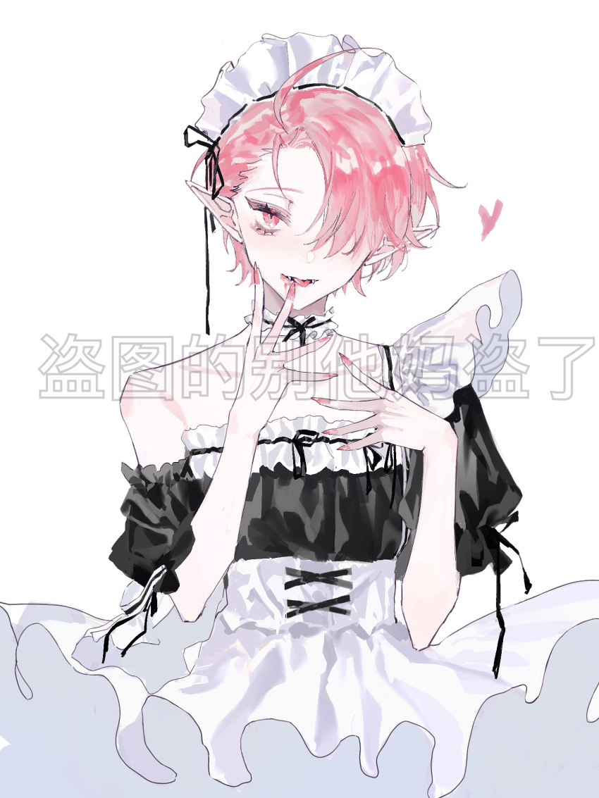 1boy ahoge androgynous apron aster_(nu_carnival) asymmetrical_bangs bangs black_dress black_ribbon blush chinese_commentary collarbone commentary_request cross-laced_clothes crossdressing dress eyelashes fangs fingernails frilled_dress frills hair_over_one_eye heart highres long_fingernails looking_at_viewer maid maid_apron maid_headdress male_focus nail_polish nu_carnival off_shoulder one_eye_covered open_mouth parted_bangs parted_lips pink_eyes pink_hair pink_nails pointy_ears puffy_short_sleeves puffy_sleeves ribbon shanhujun192 short_hair short_sleeves simple_background single_bare_shoulder slit_pupils smile solo tongue tongue_out upper_body white_apron white_background white_headwear