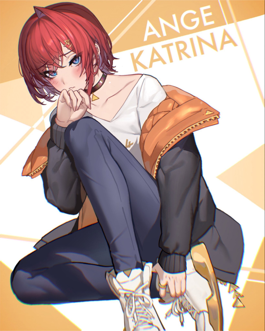 1girl ange_katrina bangs black_choker black_jacket blue_eyes blue_pants blush character_name choker closed_mouth highres jacket jewelry knee_up long_sleeves looking_at_viewer nijisanji off_shoulder open_clothes open_jacket pants red_hair ring shirt shoes single_hair_intake sitting solo theamazingspino virtual_youtuber white_shirt